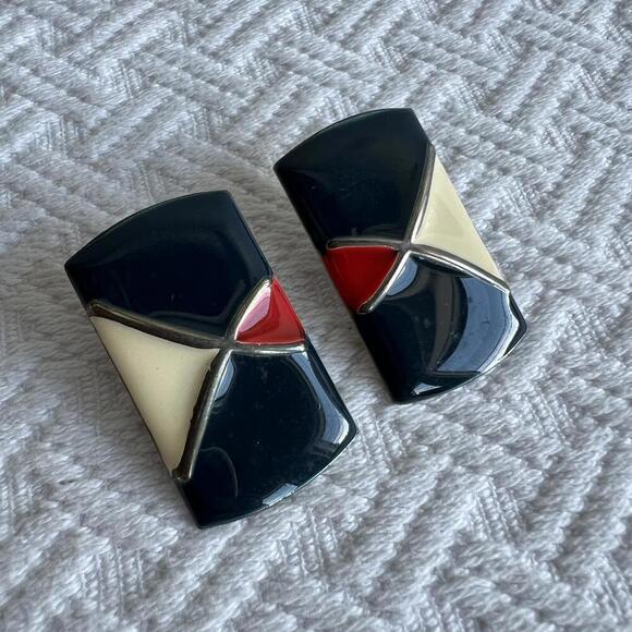 Vintage Women's Red White Blue Enamel Finish Chevron Design 80s Retro Earrings - Picture 7 of 9